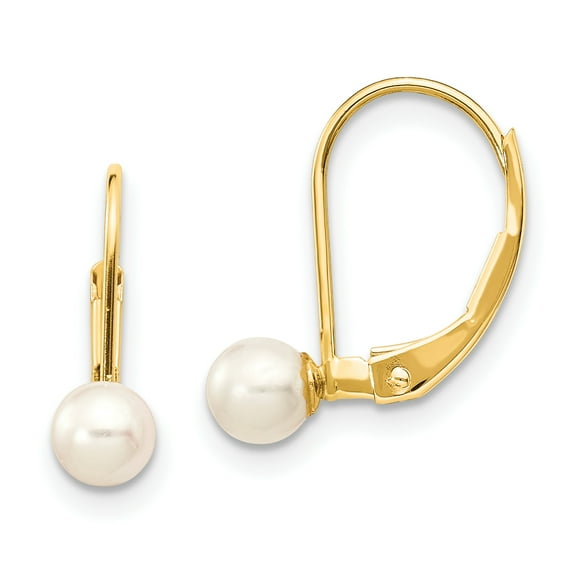Primal Gold 14 Karat Yellow Gold 4-5mm White Round Freshwater Cultured Pearl Leverback Earrings