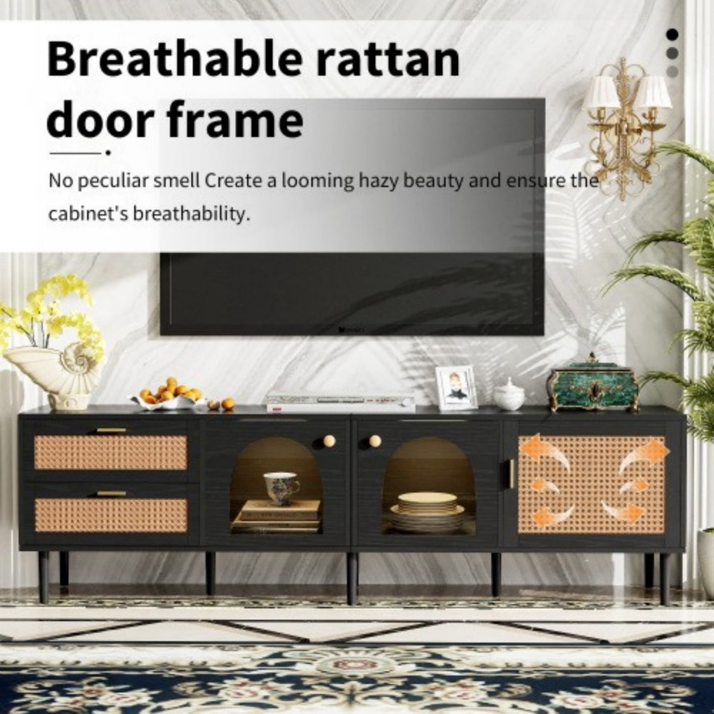 Rattan TV Stand for 80" TV, LED Entertainment Center with 3 Cabinets 2 Drawers, Modern Media Console with Cable Management, Black