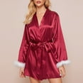 thumbnail image 4 of Feancey Womens Silk Robe Solid Color Kimonos Sleepwear for Bride Plush Trim Long Sleeve Short Bathrobe Soft Satin Nightgowns with Belt Wine M, 4 of 4