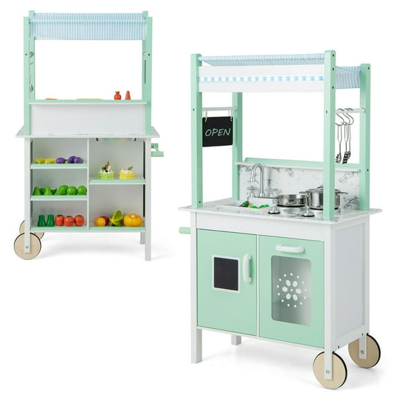 Gymax Double-Sided Pretend Play Kitchen Kids Wooden Grocery Stand w/ Remote Control