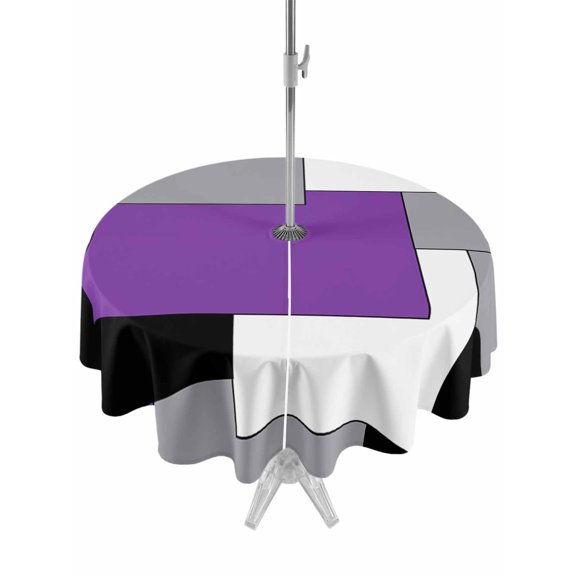 Outdoor Tablecloth with Umbrella Hole and Zipper, Abstract Splicing Purple White Grey Square Blocks Round Waterproof Table Cover 60in Washable Table Cloth for Patio Picnic Party Art Plaid