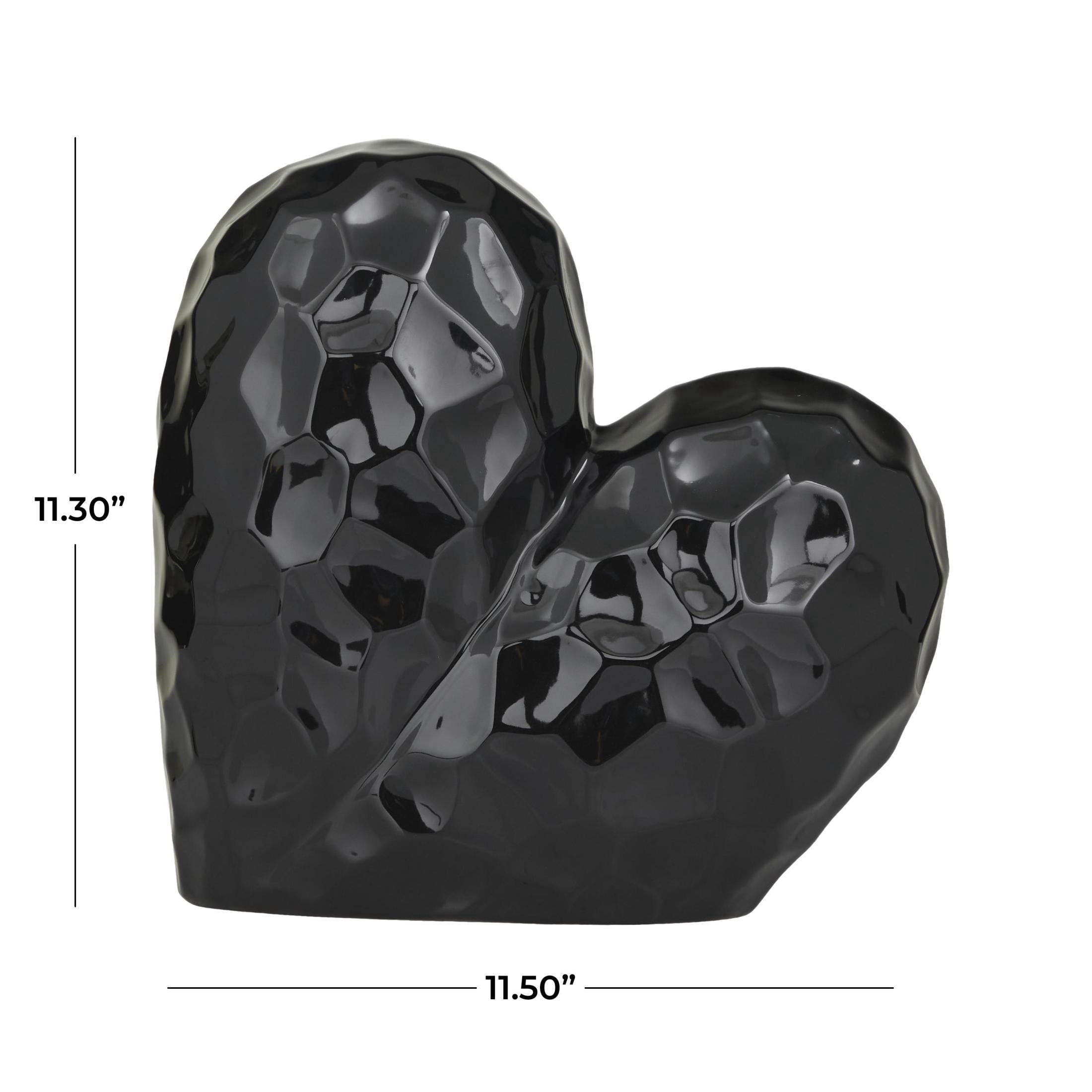 12" x 11" Black Porcelain Ceramic Dimensional Angled Origami Inspired Heart Sculpture with Faceted Exterior, by DecMode