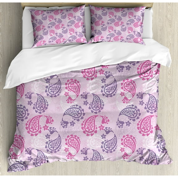 Mauve Duvet Cover Set, Traditional Turkish Style Paisley with Effects Vintage Print, Decorative 3 Piece Bedding Set with 2 Pillow Shams, Queen Size, Fuchsia Lilac, by Ambesonne