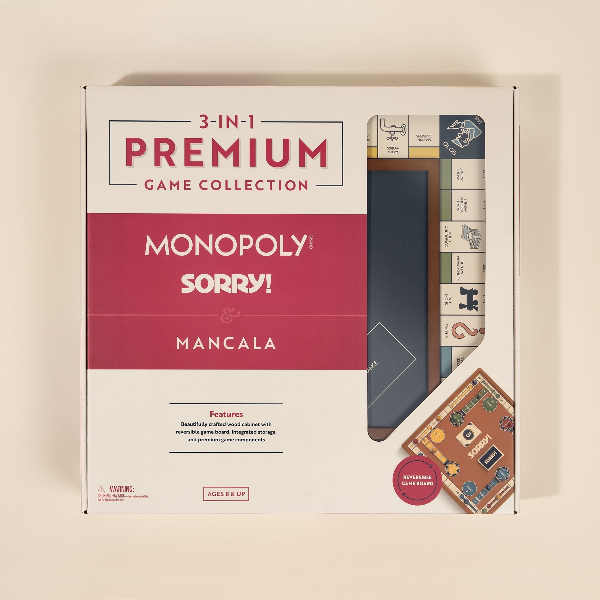 WS Game Company 3-in-1 Premium Game Collection: Monopoly, Sorry!, and Mancala with Solid Wood Cabinet