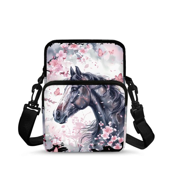 FUIALDOLG Satchel Crossbody Bag for Travel, Zippered 2-Layer over Shoulder Bags for Women Cherry Blossom Horse Shoulder Bag