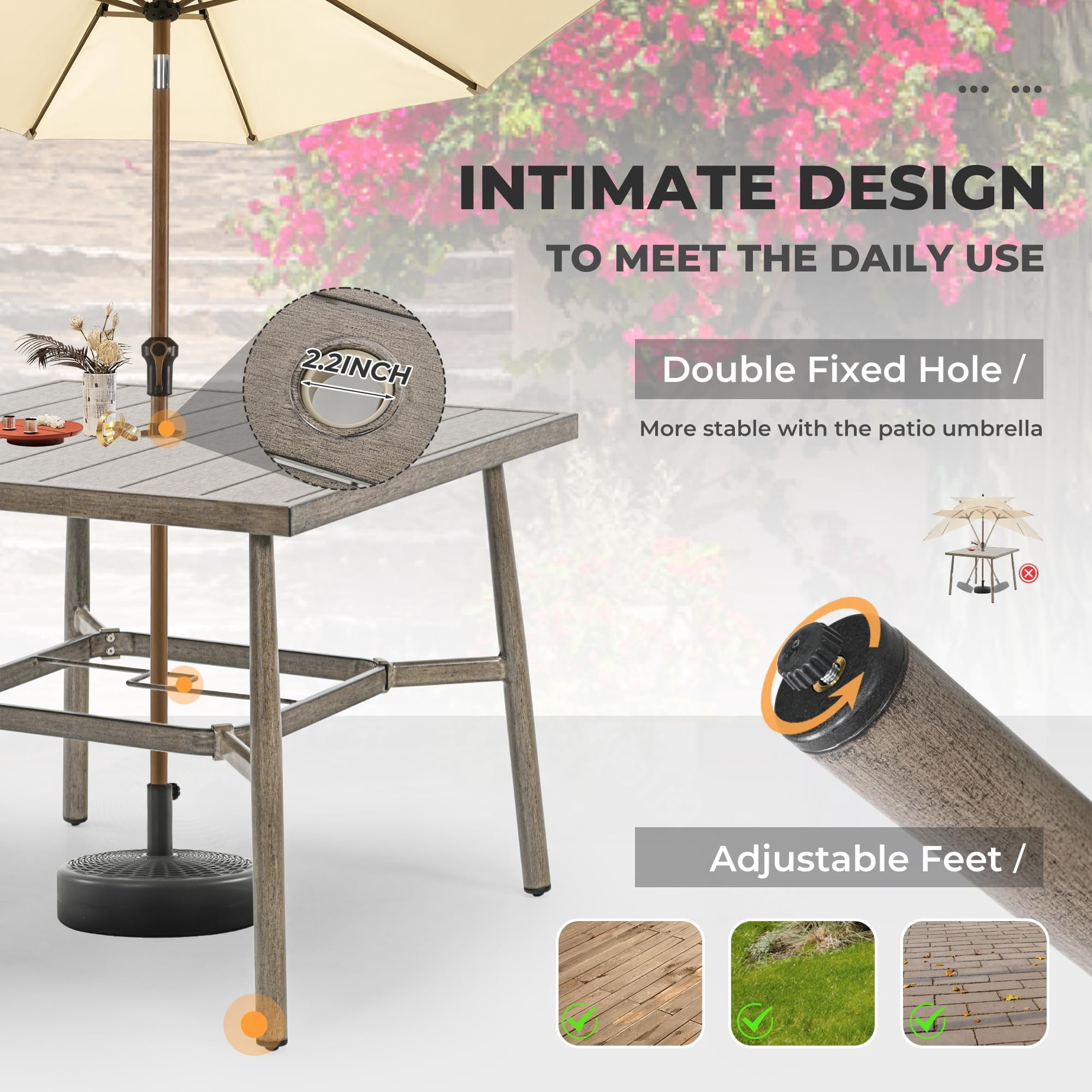 Patio Table for 4 Aluminum Outdoor Dining Table Square with Umbrella Hole Modern All Weather Table for Backyard Garden Deck Poolside, Grey