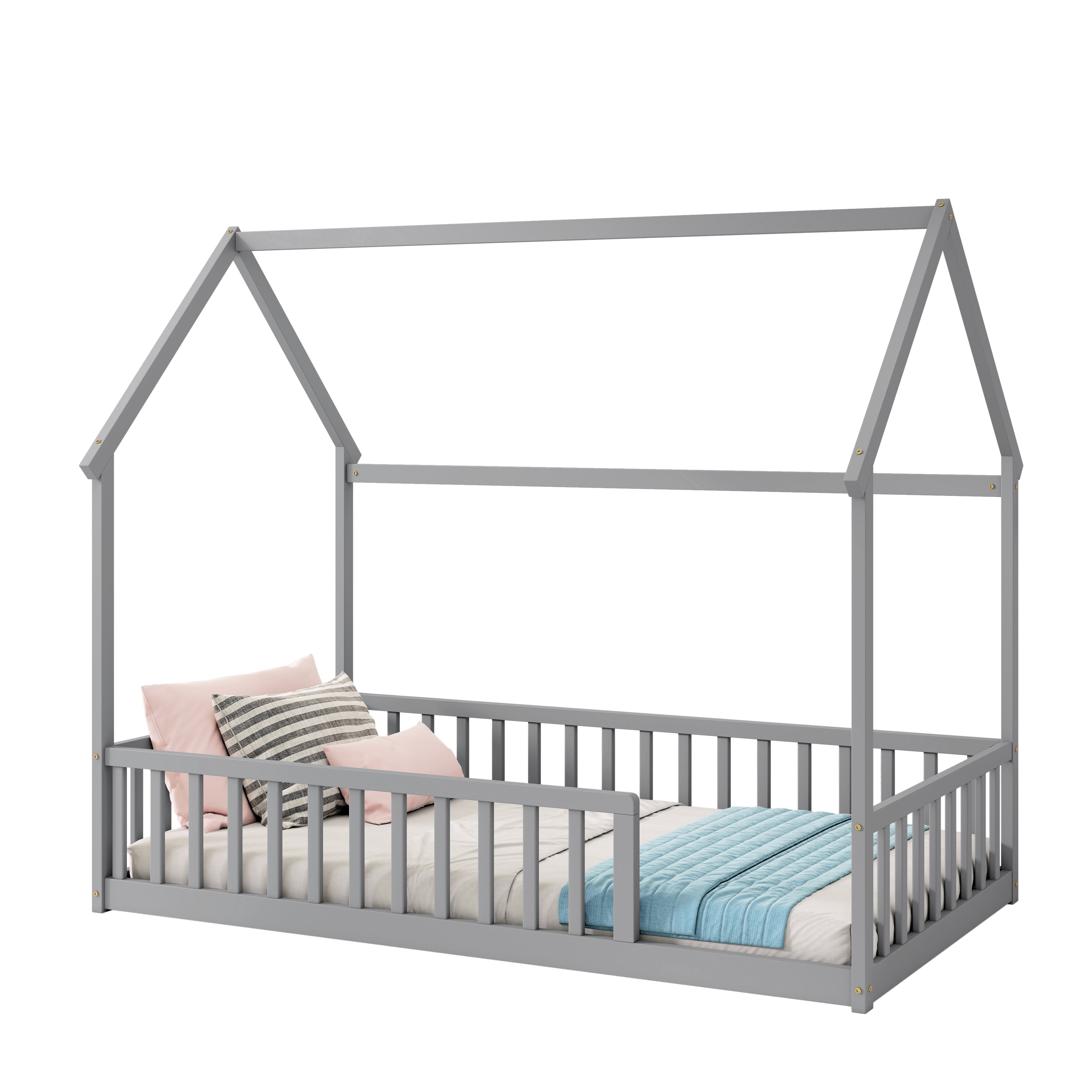 Twin House Floor Bed with Full Safety Fence, Solid Pine Wood Montessori Kids Playhouse Bed Frame No Box Spring Needed Max 250 LBS for Toddler Bedroom Nursery