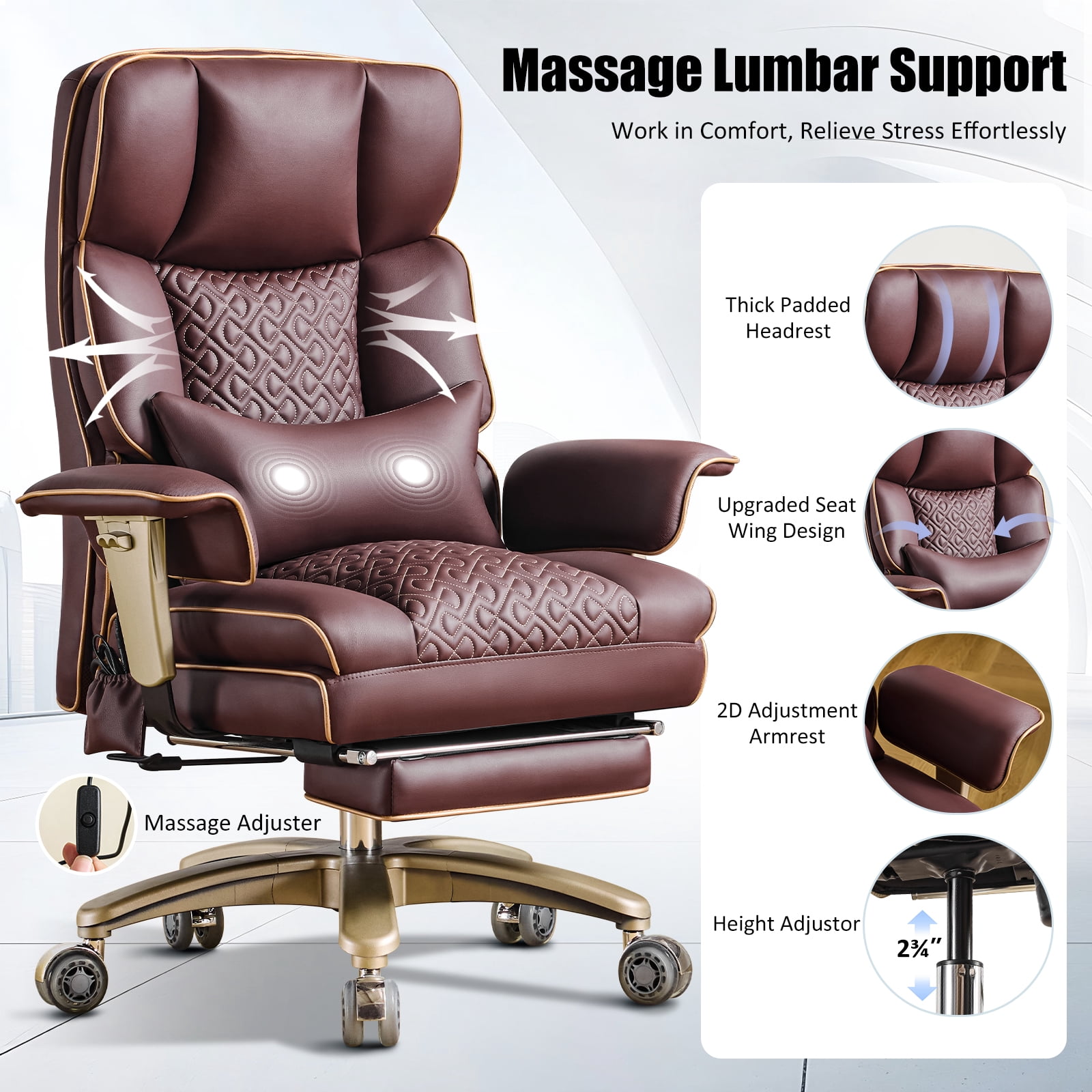 Falvinoryn Big and Tall Office Chair, Heavy-Duty Executive Office Chairs with Adjustable Lumbar and Quiet Rubber, Ergonomic High Back Computer Desk Chair, Brown