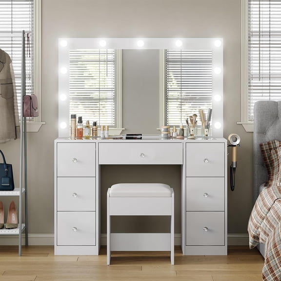 Vanity Desk with Mirror, Makeup Table with Power Outlet and 11 Lights, Set 3 Lighting Modes Brightness Adjustable, Vanity Table with 7 Drawers and Cushioned Stool for Bedroom, Dressing Room (White)