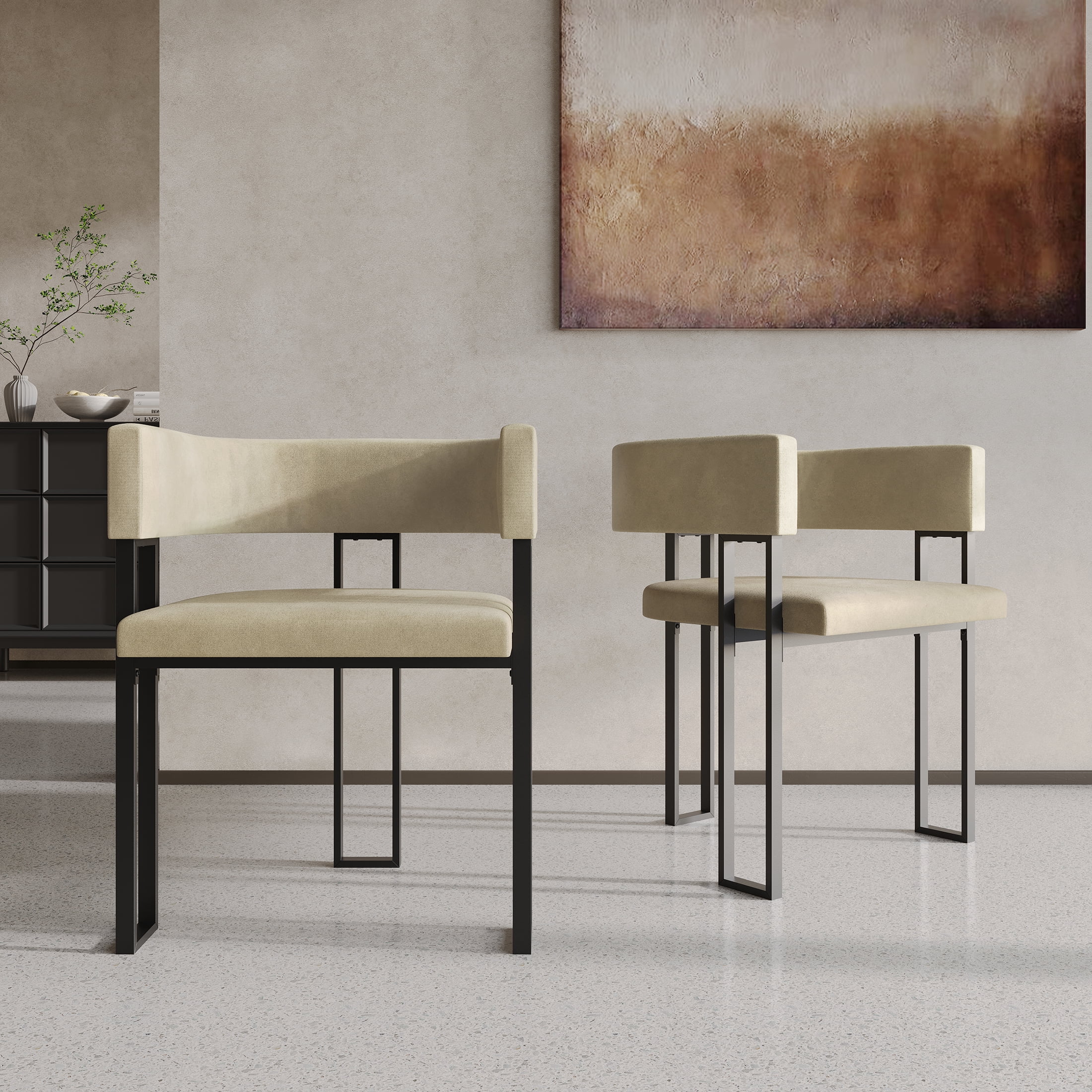 Castle Place Minimalist Black Metal Dining Chair, Champagne Velvet