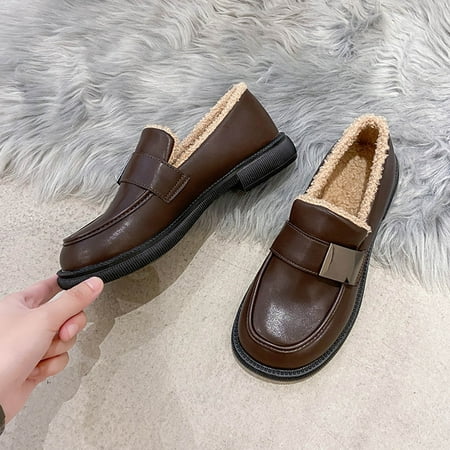

Bnwani Shoes for Men Fall Winter New Style Metal Buckle Plus Cotton Small Leather Shoes Square Heel Low Heeled Shoes Fashion Brown 7