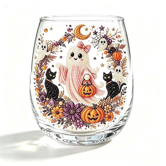 SLYNSHome Cute Ghost Pumpkin Print Stemless Wine Glass, Fall Themed Clear Tumbler Cup, Decorative Clear Glassware For Halloween Party Indoor Table Arrangement