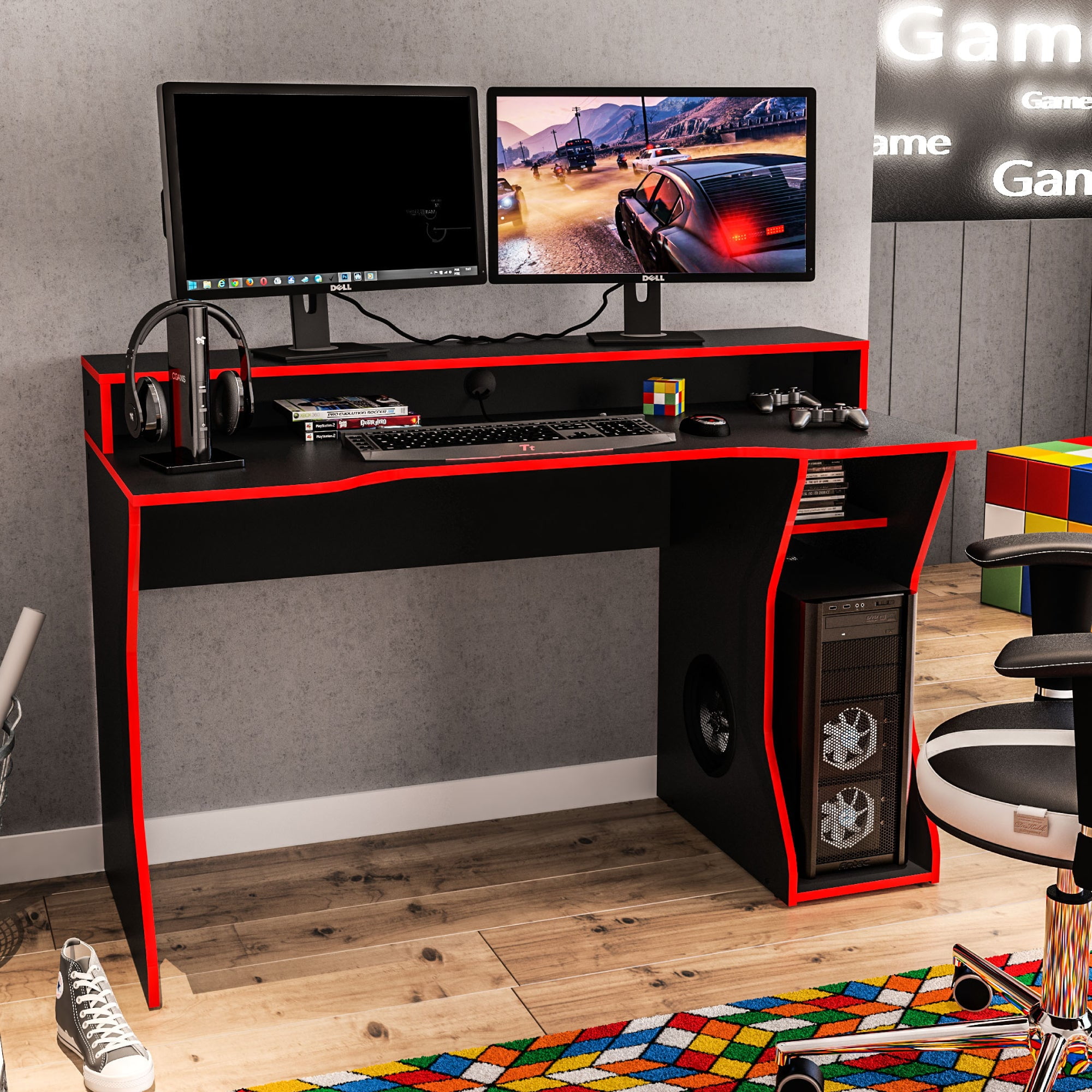 2 Decks 41" RGB LED Computer Desk with Keyboard Tray Gaming Table E-sports Gamer 