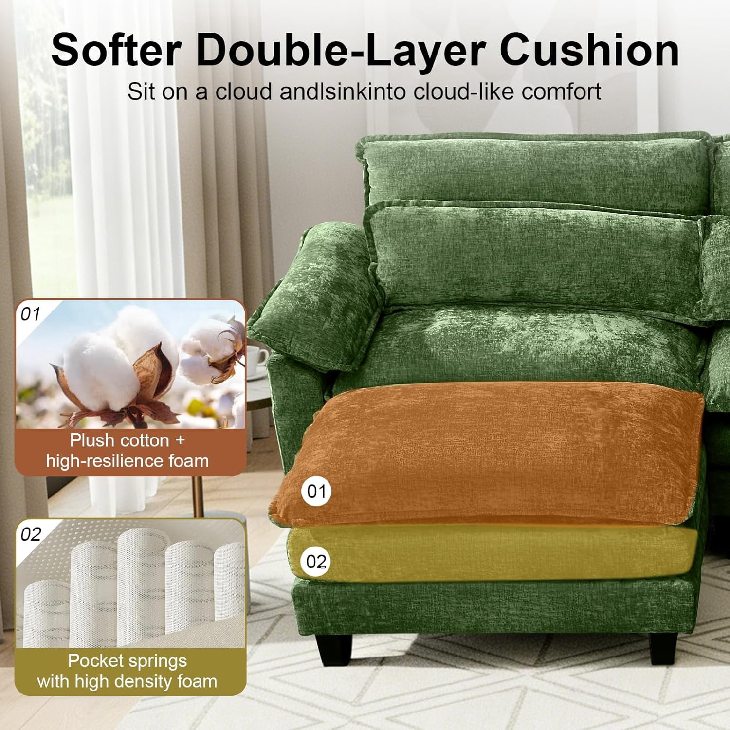 Howcool 113" Modular Sectional Sofa with Movable Ottomans, U Shaped Comfy Cloud Couch, Deep Seat 3-Seat Convertible Sofa, USB Ports & Side Pockets, Chenille Fabric,Green