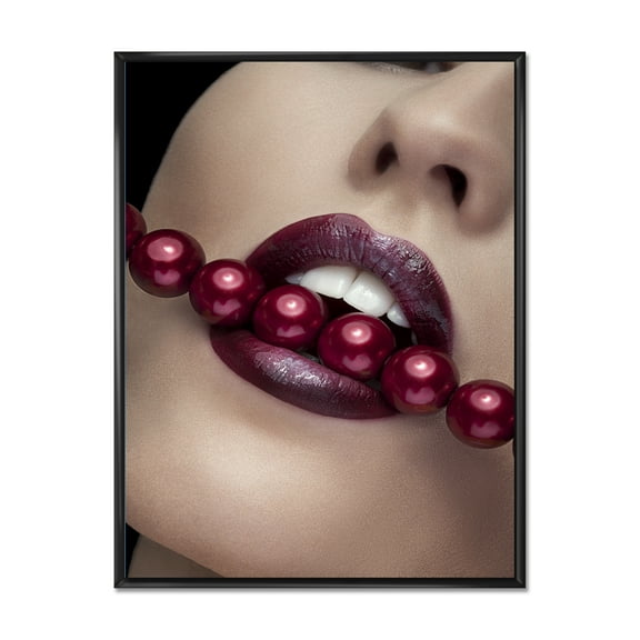 Designart 'Girl Bitting With Red Lips With Red Pearls' Modern Framed Canvas Wall Art Print