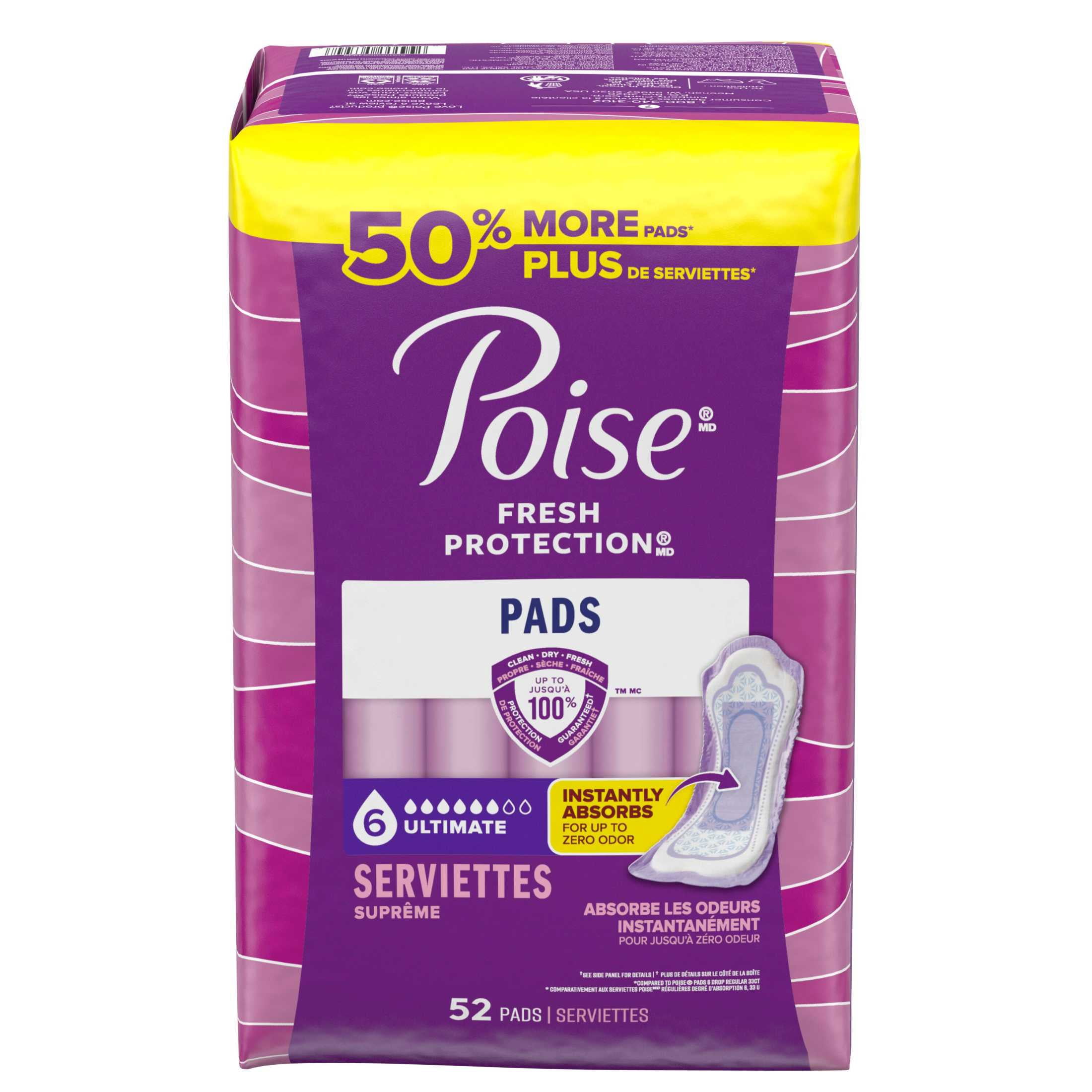 Poise Incontinence Pads for Women, 6 Drop Ultimate Absorbency, Regular Length, 52 Count