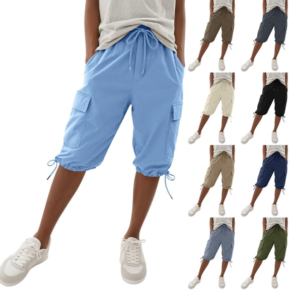 Womens Cargo Bermuda Pants Summer Lightweight Quick Dry Hiking Pants Elastic Waist Pull On Cropped Pants with Pockets for Travel,Beige,L