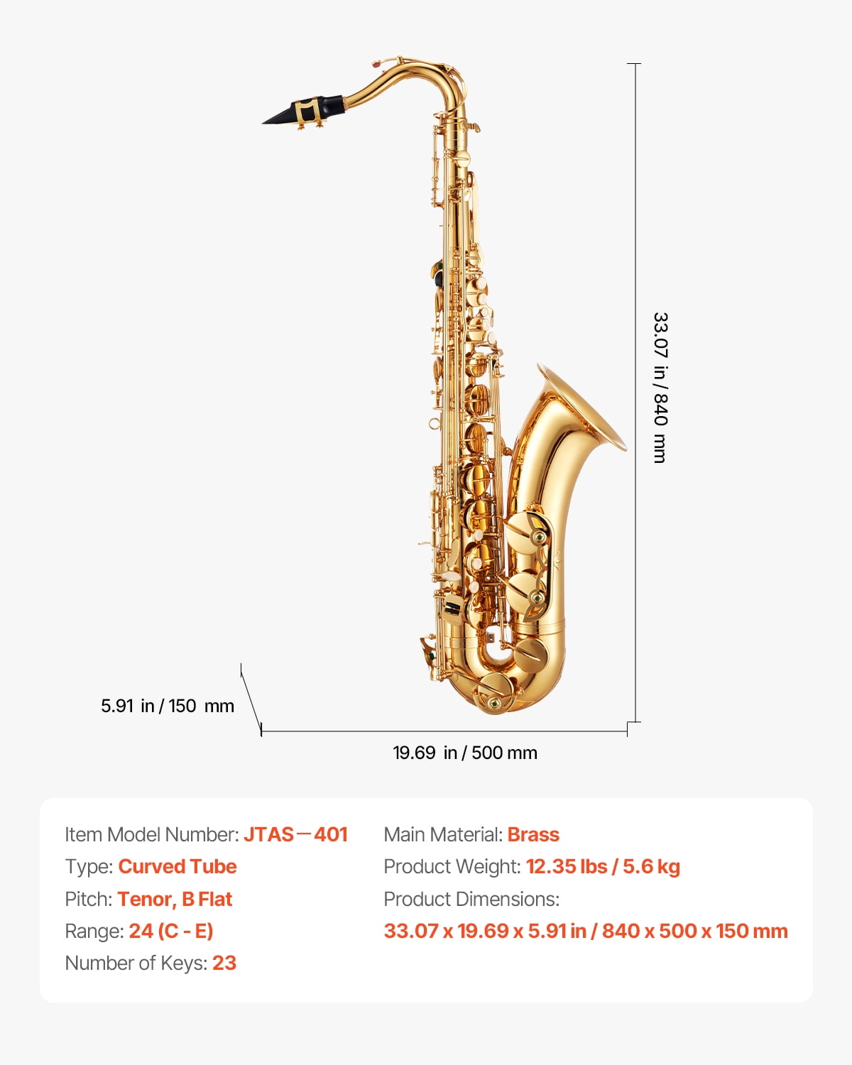 VEVOR Tenor Saxophone, B Flat, Professional Brass Saxophone Beginner Kit with Carrying Case, Mouthpiece, Straps, Cleaning Cloth, Gloves, Neck Strap, 23 Keys Tenor Sax Kit, for Beginners Students,Gold