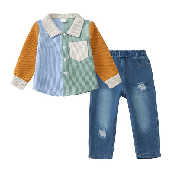 12 Months Baby Boys Clothes 18 Months Boys Fall Winter Pant Set Toddler Boys Long Sleeve Color-blocked Lapel Top Jeans Pants 2PCS Outfits Set Yellow