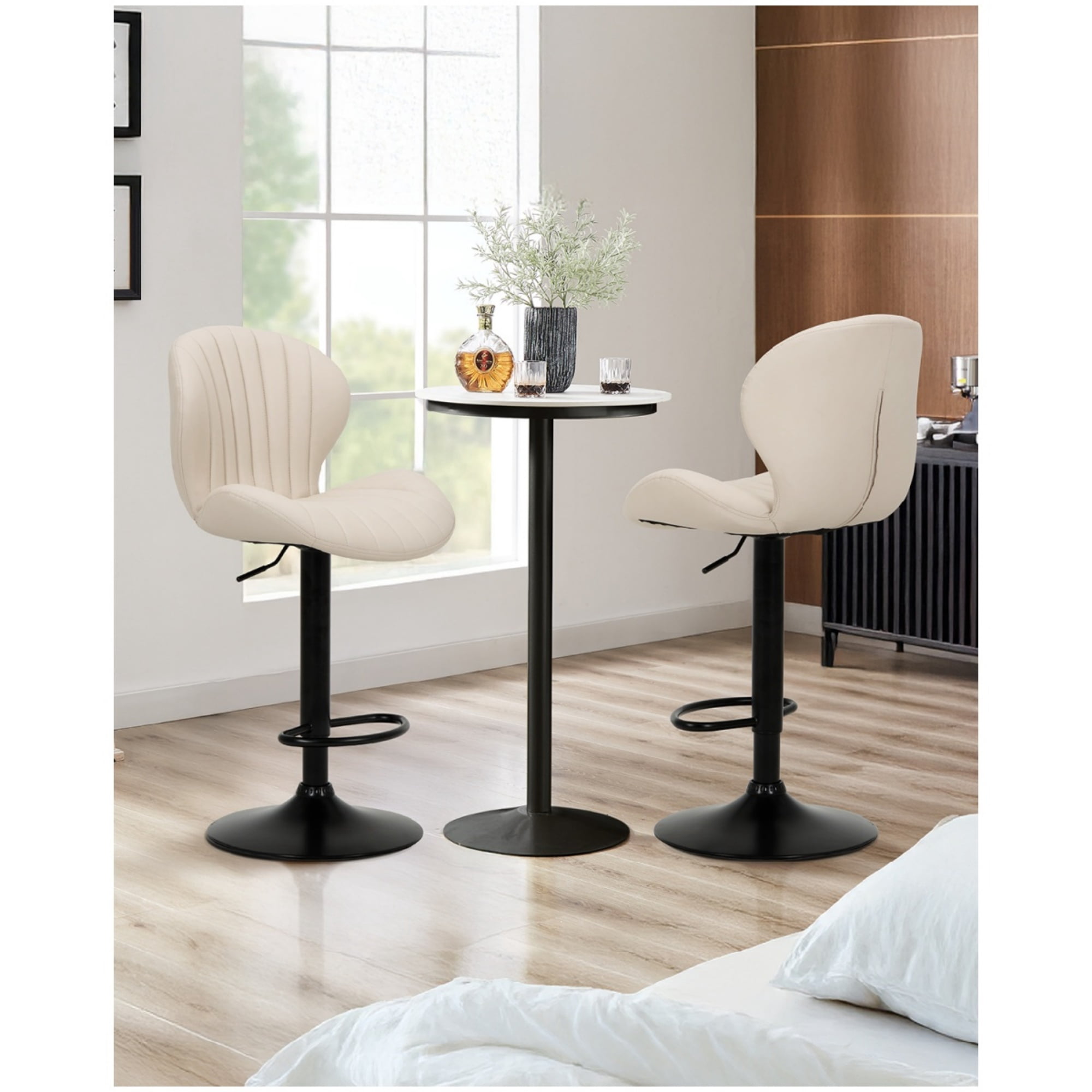 EOP Swivel Bar Stools Set of 4, Modern Upholstered Adjustable Height Counter Stools with Footrest, Faux Leather Upholstered BarStools with Metal Frame, Bar Chairs with Backrest, Beige