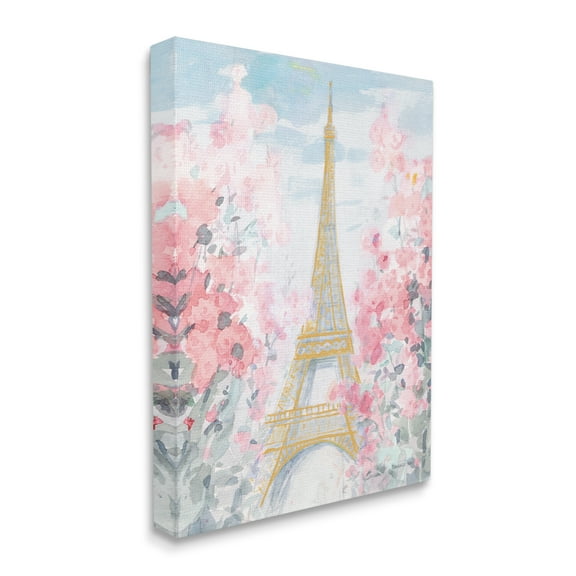 Stupell Industries Eiffel Tower Pink Parisian Spring Florals European Landmark Travel & Places Painting Gallery Wrapped Canvas Print Wall Art, 16 x 20