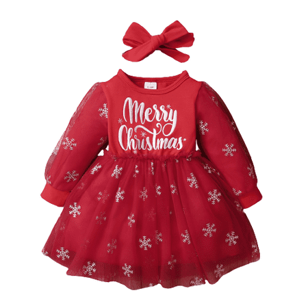 

NZRVAWS Baby Girls Christmas Outfits 6 Months Baby Girls Letter Print Splice 9 Months Baby Girls Gauze Dress +Headband 2Pcs Christmas Clothes Set Red