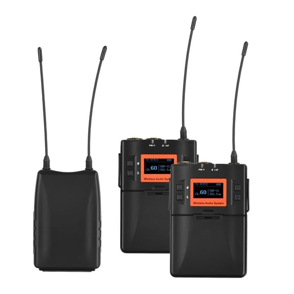Wireless Lavalier Microphone System UHF 60-channels Dual Transmitters One Receiver for DSLR Camera Camcorder Smartphone PC Tablet Sound Audio Interview Recording