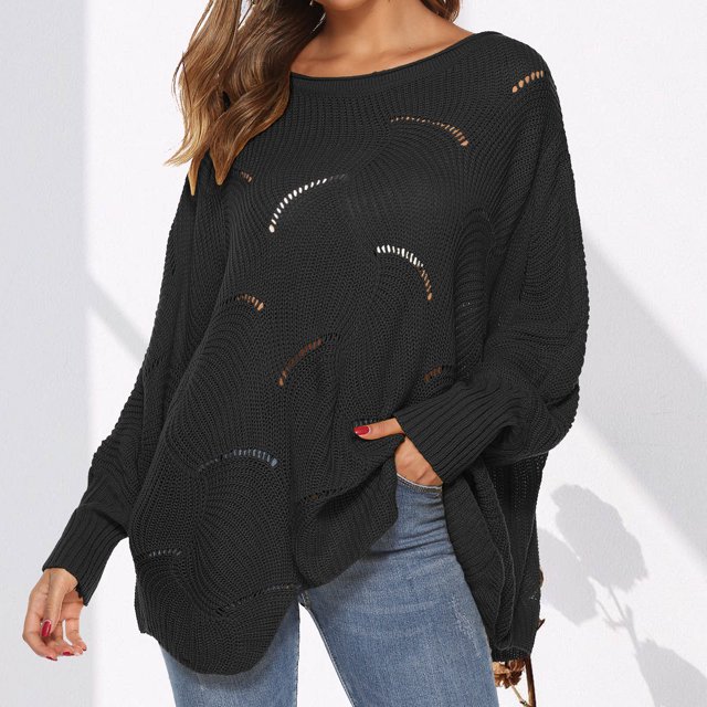 Suéter de cuello redondo para mujer, suéter de punto irregular con mangas holgadas y huecos, suéter para mujer