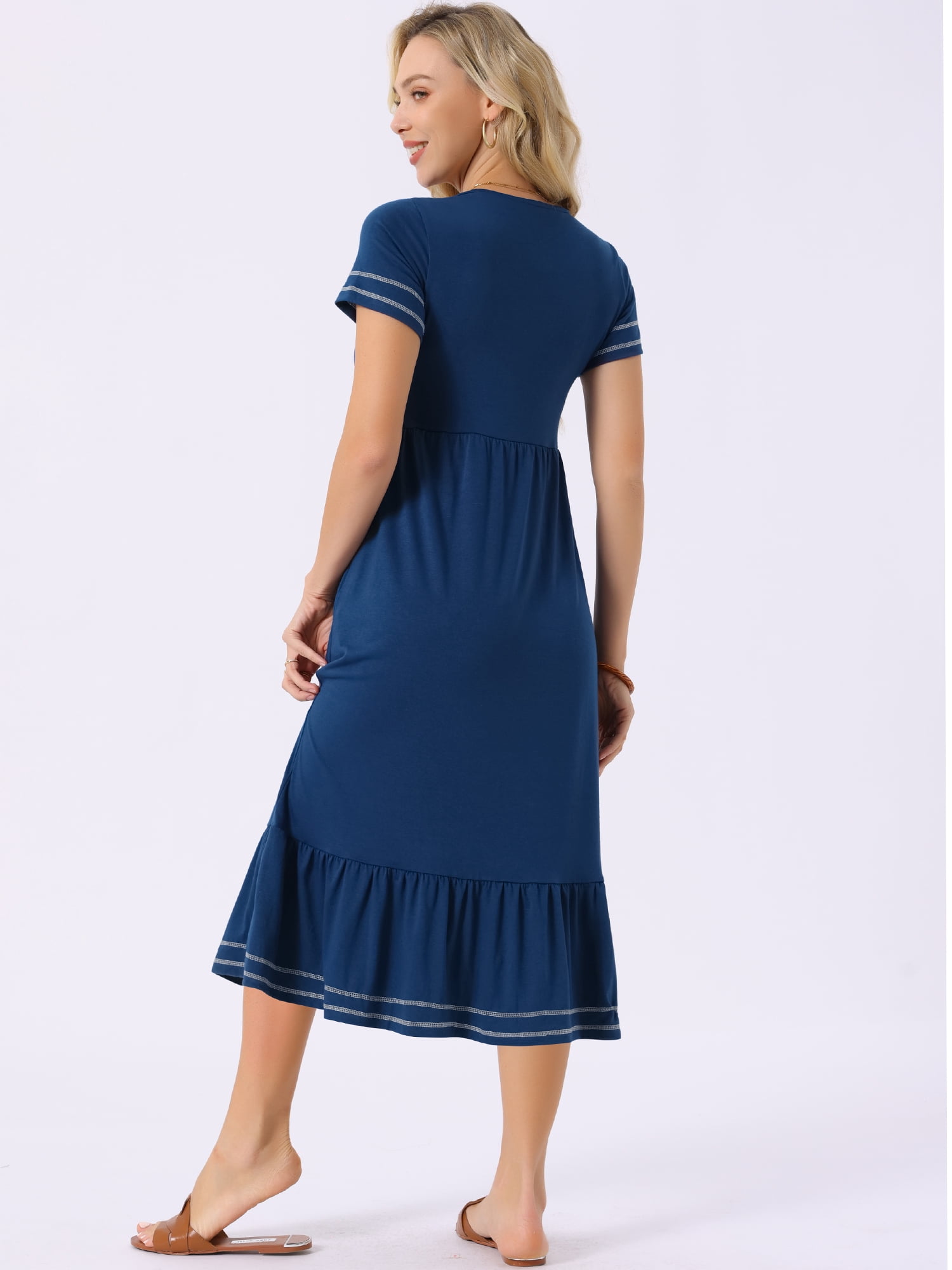 DARING DIVA Short Sleeve V Neck Contrast Trim Flowy Dress XL Blue