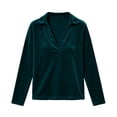 thumbnail image 4 of thefmos Women's V Neck Collared Long Sleeve Velvet Blouse Loose Fit Solid Color Casual Top Fashion Fall Winter Outfit, Army Green XL, 4 of 7
