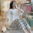 thumbnail image 2 of Plaid Print Pajama Set for Women - Short Sleeve Top & Relaxed Pants, Cute Cartoon-Themed Sleepwear Two-Piece Outfit,White 2XL, 2 of 3