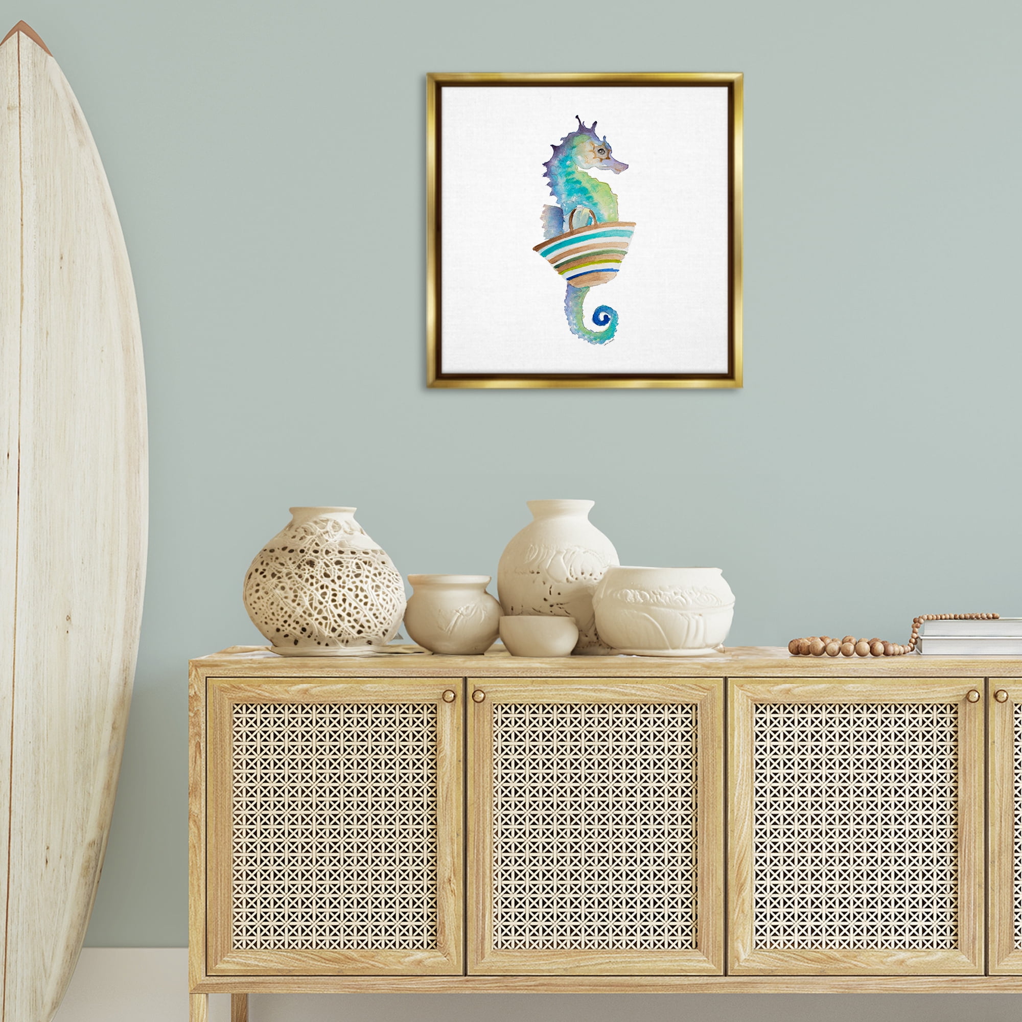 Stupell Industries Summer Ready Seahorse Novelty Painting Gold Floater Framed Canvas Art Print Wall Art, 25 x 25