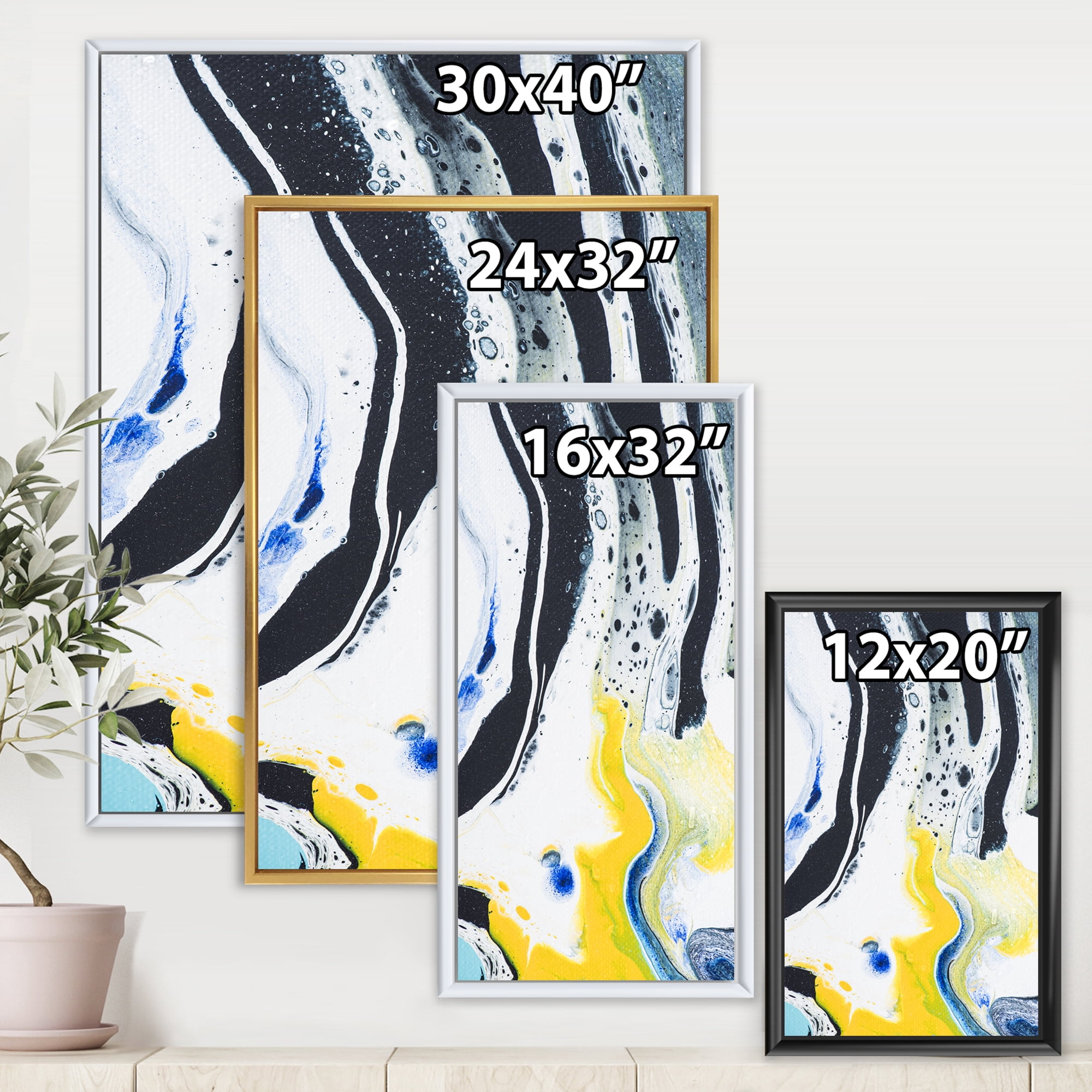 Designart 'Abstract Marble Composition In Blue and Yellow IV' Modern Framed Canvas Wall Art Print