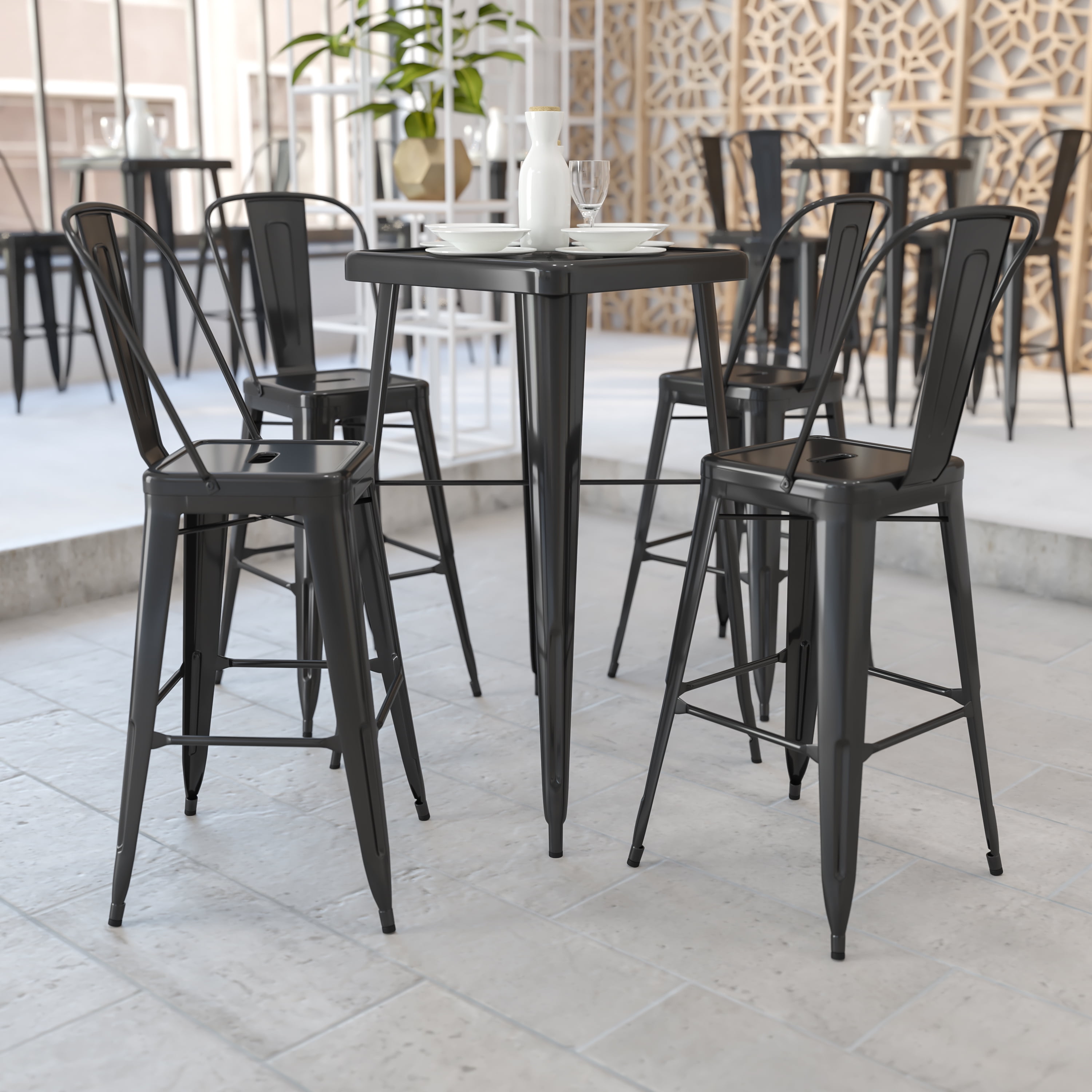 23.75'' Square Indoor-Outdoor Restaurant Table Set with 2 Black Rattan Chairs 