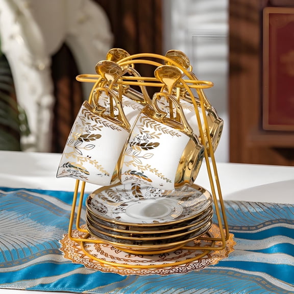 ANJORALA 14 Pcs Tea Cup Sets for Adult,Ceramic Coffee Cups with Metal Holder,Spoon,Saucer(Gold Leaf)