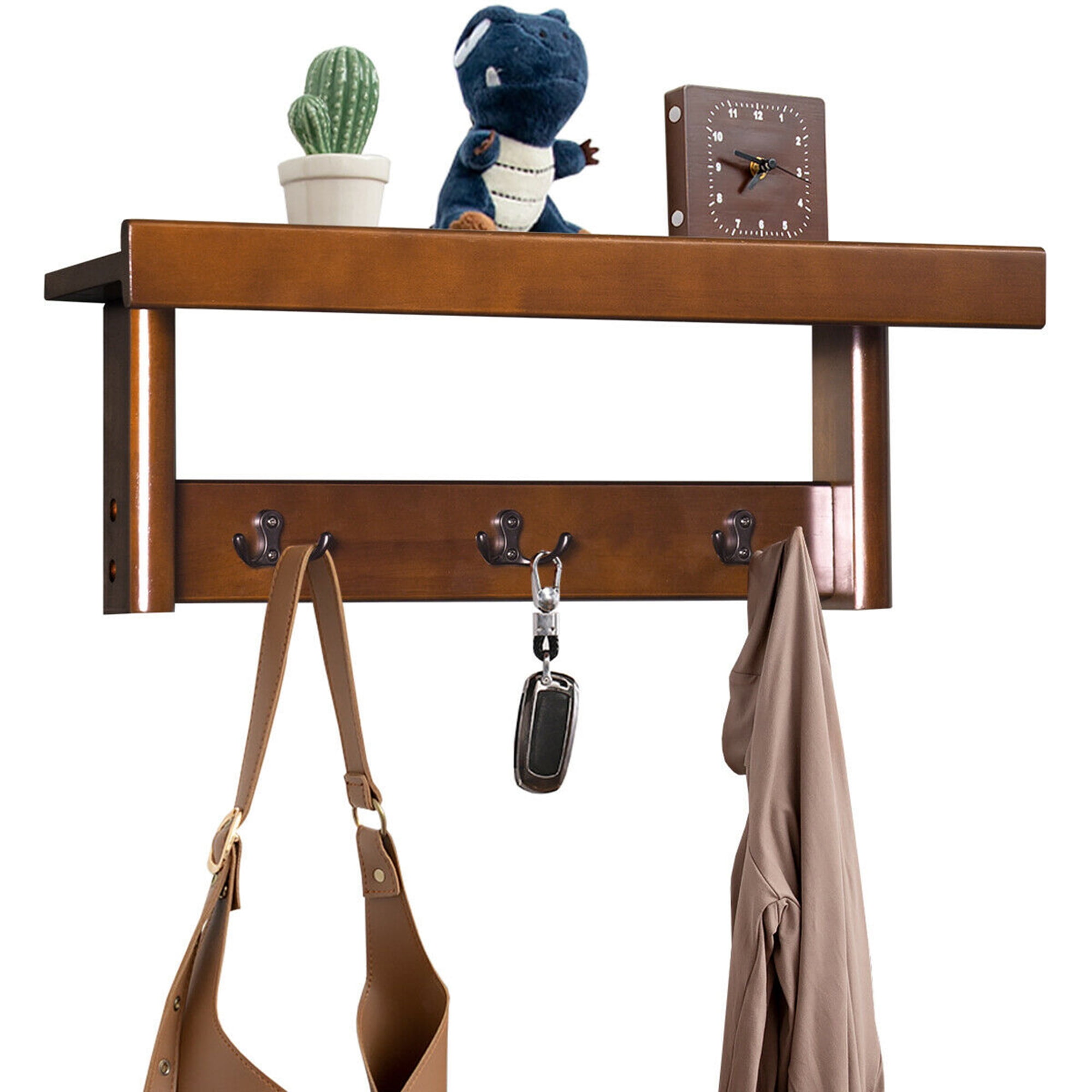 Gymax Entryway Hanging Wood Coat Rack Wall Mounted Upper Shelf w/ 3 Double Hooks Brown Gymax Entryway Hanging Wood Coat Rack Wall Mounted Upper Shelf w/ 3 Double Hooks Brown
