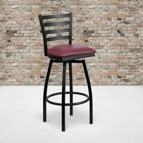 Emma Oliver 2 Pack Black Ladder Back Swivel Metal Barstool - Burgundy Vinyl Seat