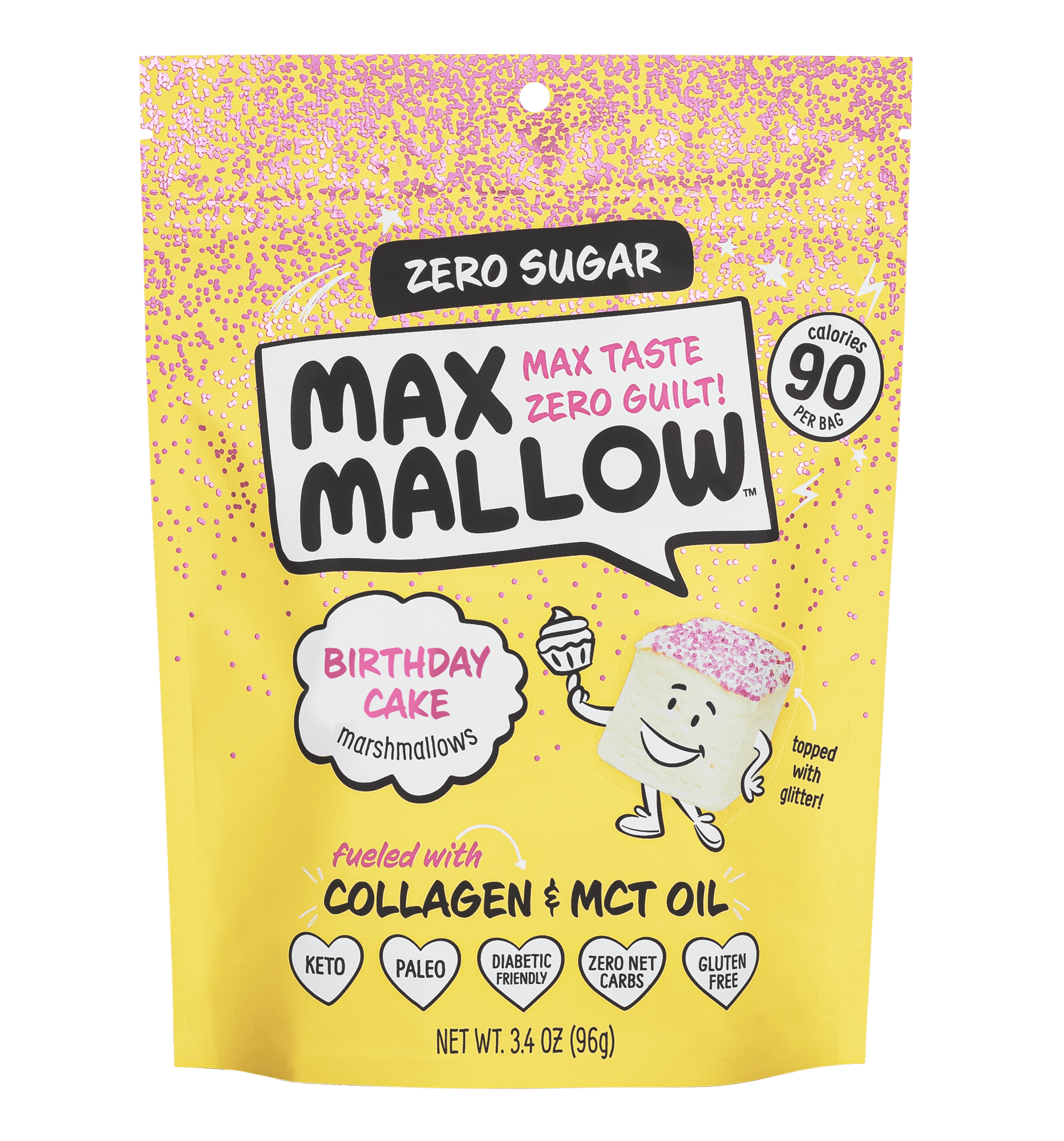 (3 pack) Know Brainer Max Mallow Birthday w Fun Glitter -Guilt-Free & Zero Sugar Marshmallows -Low Carb and Zero Fat