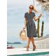 thumbnail image 3 of Vestido de primavera para mujer, manga corta, bolsillo, modesto, casual, a media rodilla, a rayas, negro, S, 3 of 6