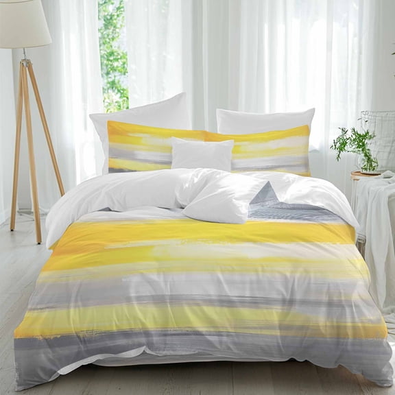 Queen 4 Piece Bedding Set Yellow Gray Oil Painting Art Soft Breathable Duvet Cover and Pillowcase,Watercolor Gradient Duvet Cover Set Washable Bed Sheets for Bedroom Dormitory Guest Room
