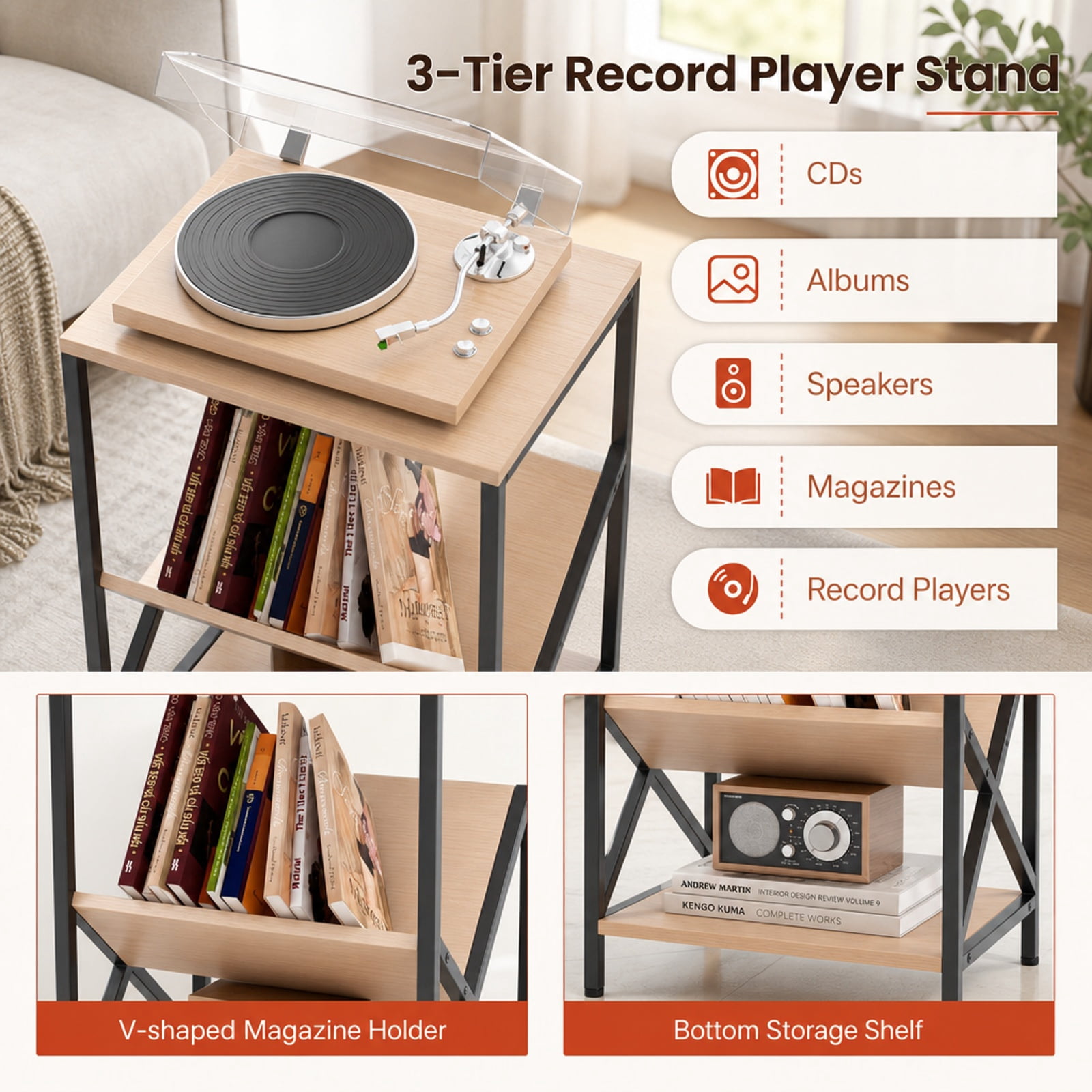 Furnibear 3-Tier Industrial Side Table with V-Shaped Bookshelf Magazine Holder and Steel Frame for Living Room and Bedroom, Natural