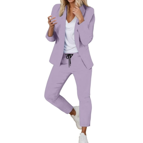 Likimi Two Piece Sets For Women Solid Color Long Sleeve Lapel Tops With Straight Leg Pants Spring Autumn Outfit Set Light Purple Size L