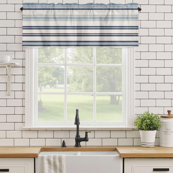 Valances for Windows,Navy Blue Stripes Lines Kitchen Curtain Valance Short Rod Pocket Panels Small Window Treatment for Living Room Bedroom Bathroom,42"Wx18"L