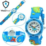 TOPEAK Cute Kids 3D Cartoon Dinosaur Round Dial Arabic Number Analog Quartz Wrist Watch for 3-10 Years Old Childrens Blue