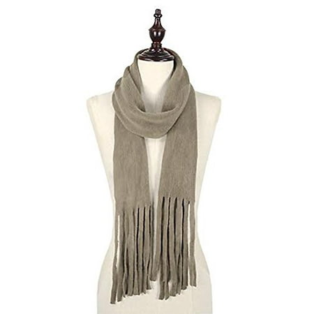 Taupe Tassel - StylesILove Trendy Knit Womens Skinny Scarf with Chunky Tassels (One Size Fits All, Taupe)