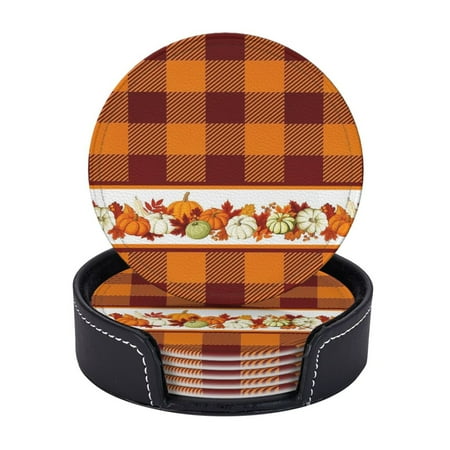 

Halloween Autumn Fall Leaves Pumpkin Coasters With Leather Holder Set Of 6 Round Coasters for Home and Kitchen Decor