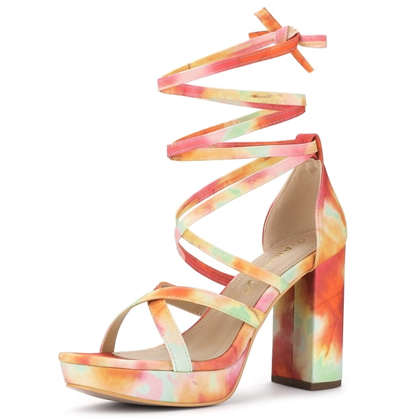 Sandalias Con Cordones Arriba Tacón Ancho Plataforma Colorida Para Mujer Naranja 38