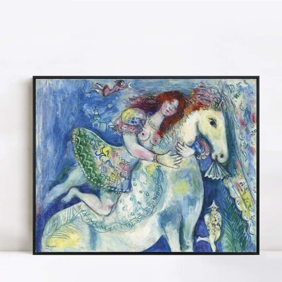 INVIN ART Impression sur Toile Encadrée Giclée - Femme sur le Cheval par Marc Chagall ART Mural (Cadre Mince Noir, 24"x32 Pouces)