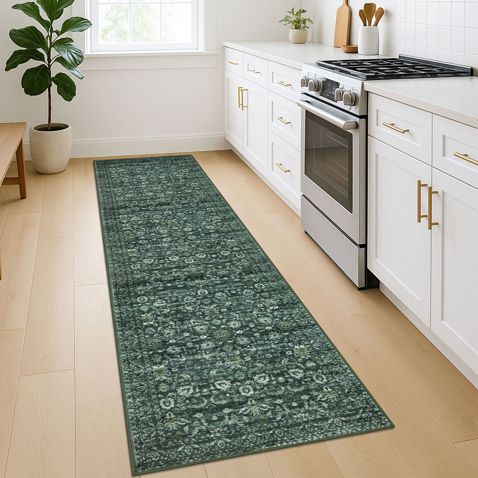 Suelur Runner Rugs for Floor 2x7 Washable Kitchen Runner Rug Non-Slip Carpet Runners Printed Super Soft Vintage Floral Bedroom Runenrs for Entryway Hallway Laundry Room Indoor, Dark Green