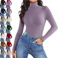 thumbnail image 2 of Mock Turtle Necks Tops for Women Long Sleeve Ribbed Shirts Thermal Slim Fit Lightweight Undershirts，Purple L, 2 of 6